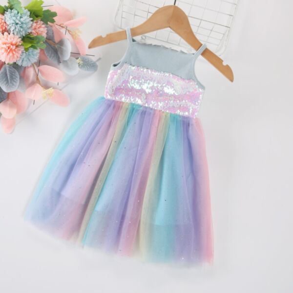 18M-7Y Shiny Piece Suspender Mesh Rainbow Skirt Dress Wholesale Kids Boutique Clothing KDV492234