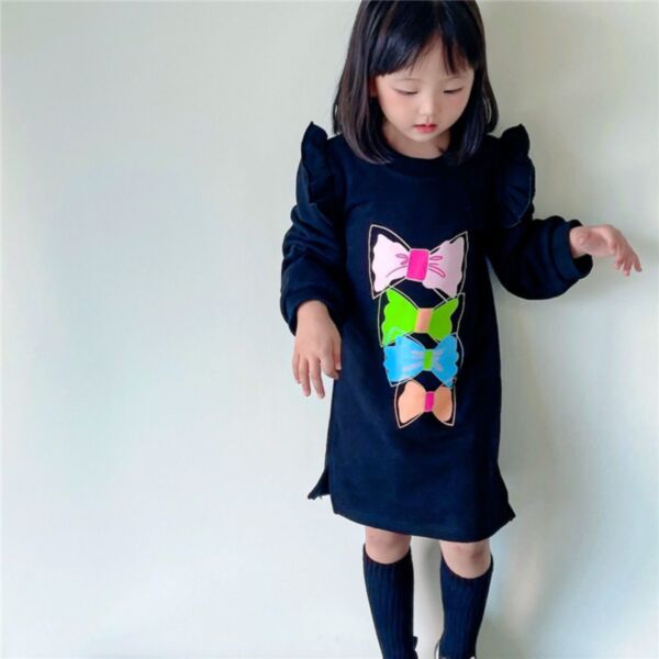 18M-7Y Long Flying Sleeve Bowknot Print Solid Color Dress Wholesale Kids Boutique Clothing KTV492259