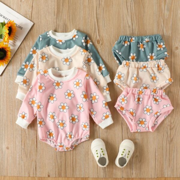 0-18M Flower Print Solid Color Long Sleeve Romper And Briefs Set Two Pieces Baby Wholesale Clothing KSV492251