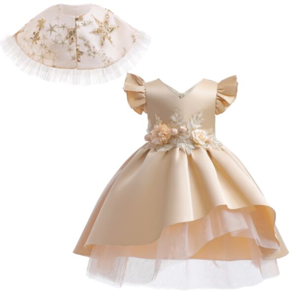 2-10Y Big Kids Grils One Button Star Sequin Shawl And Flutter Sleeve Flower Princess Dresses KDV387739