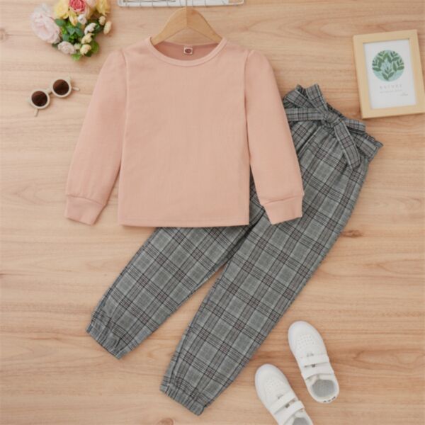 4-10Y Big Kids Girls Sets Plain Pullover And Plaid Pants Wholesale Girls Clothes KSV387729