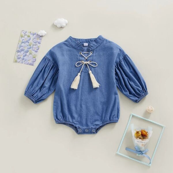 0-18M Blue Long Sleeve Bubble Sleeve String Romper Onesies Baby Wholesale Clothing KJV492262
