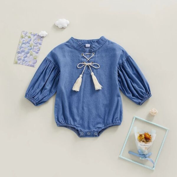 0-18M Blue Long Sleeve Bubble Sleeve String Romper Onesies Baby Wholesale Clothing KJV492262