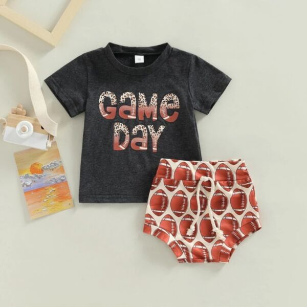 3-24M Short Sleeve Black Letter Print And Rugby Print Briefs Shorts Set Two Pieces Baby Wholesale Clothing KSV492261
