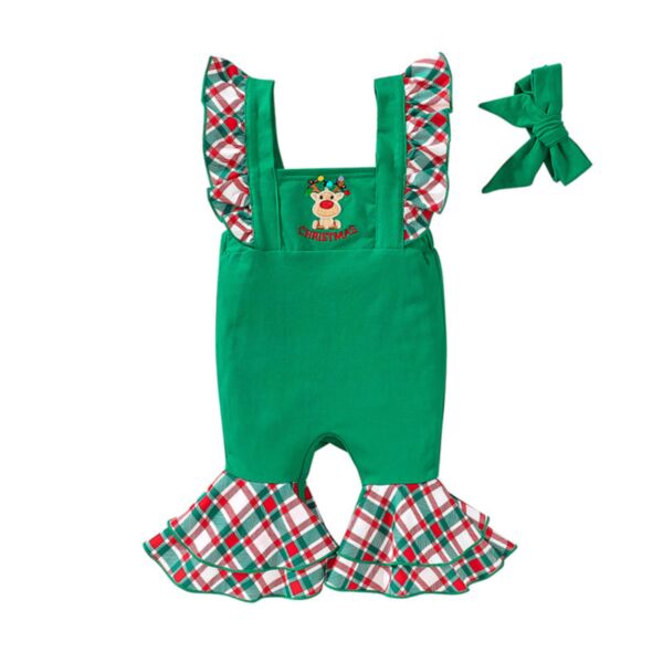 0-18M Baby Girl Onesies Christmas Cartoon Car Print Plaid Ruffle Suspenders Jumpsuit And Headband Wholesale Baby Boutique Clothing KJV591415