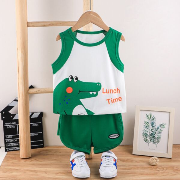 3-7Y Sport Sleeveless Dinosaur Green And White Vest And Shorts Set Two Pieces Wholesale Kids Boutique Clothing KSV492294