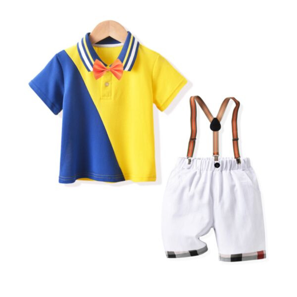 18M-6Y Yellow And Blue Colorblock Bowknow Shirt And White Suspender Shorts Set Two Pieces Wholesale Kids Boutique Clothing KKHQV492293