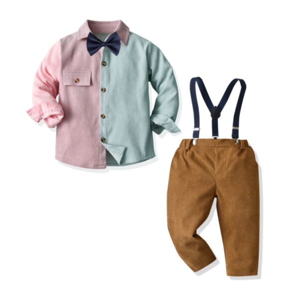 18M-6Y Colorblock Long Sleeve Shirt And Suspender Brown Trousers Set Two Pieces Wholesale Kids Boutique Clothing  KKHQV492291
