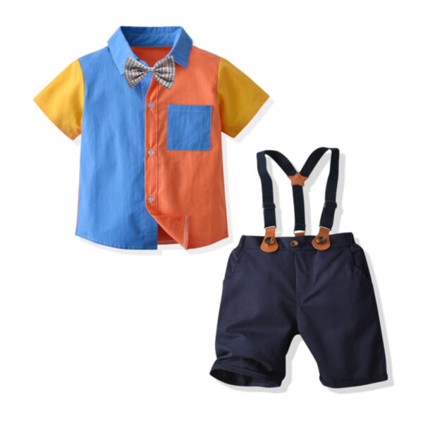 18M-6Y Short Sleeve Yellow Blue And Orange Shirt And Black Suspender Shorts Set Two Pieces Wholesale Kids Boutique Clothing KKHQV492289