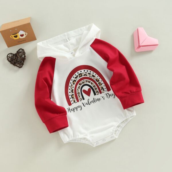 0-18M Baby Onesies Valentine'S Day Rainbow Heart Print Color Blocking Long Sleeve Hooded Bodysuit Wholesale Baby Clothes KJV591368