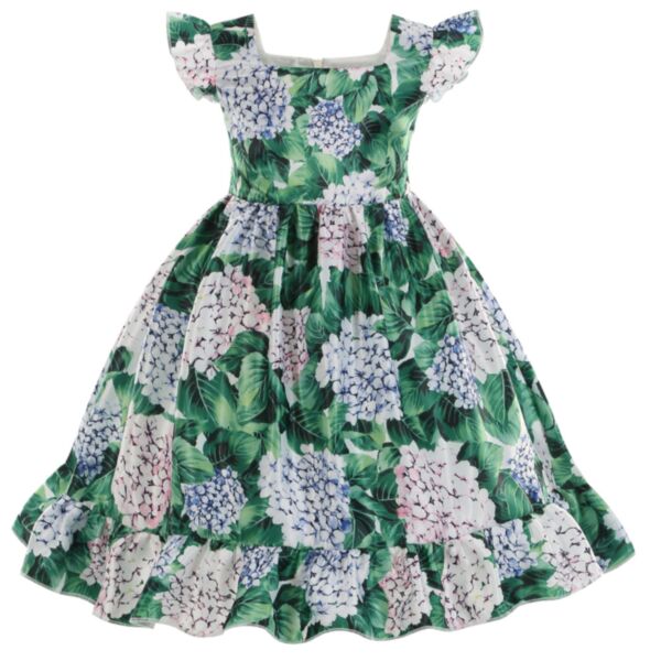 3-10Y Green Flying Sleeve Flower Print Dress Wholesale Kids Boutique Clothing KKHQV492114