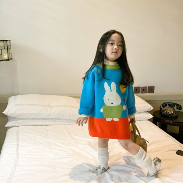9M-6Y Toddler Girl Long-Sleeved Cartoon Rabbit Print Round Neck Mid-Length Tops Wholesale Girls Clothes KTV591281