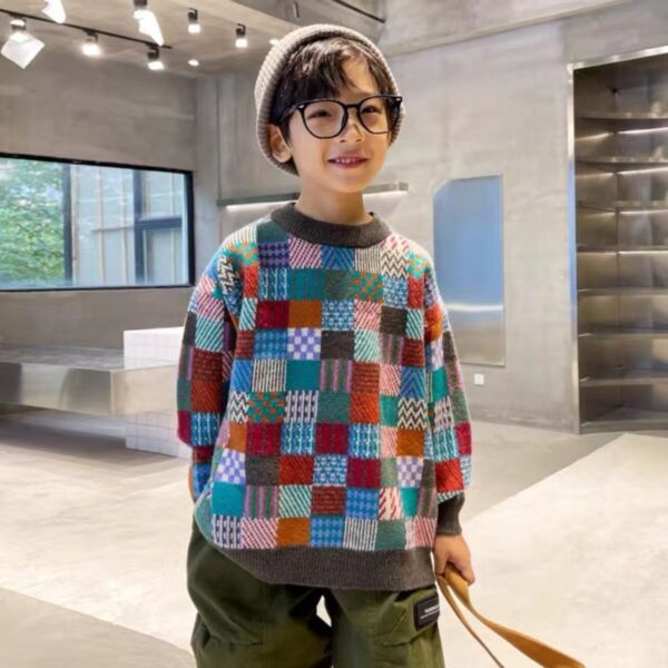 3-7Y Round Neck Knitwear Plaid Long Sleeve Sweater Wholesale Kids Boutique Clothing KTV492147