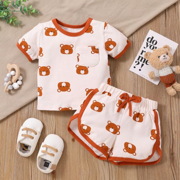 0-18M Bear And Cherry Print Short Sleeve T-Shirt And Shorts Set Two Pieces Baby Wholesale Clothing KSV492337