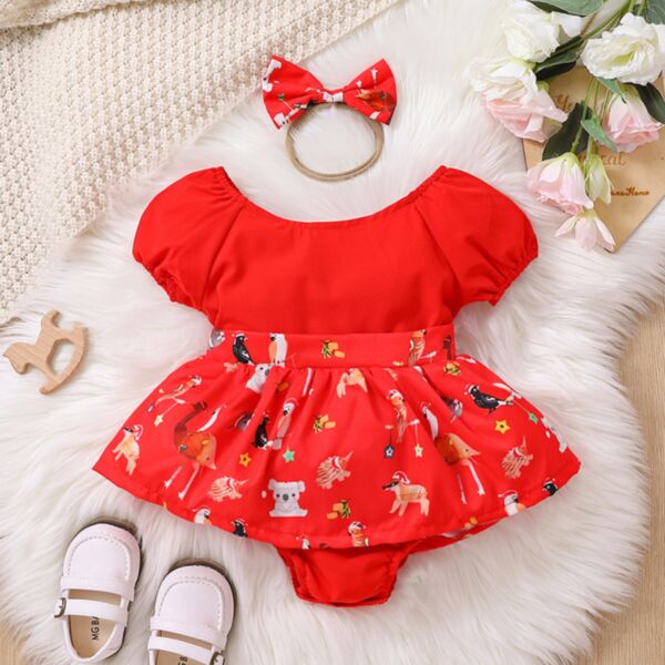 0-18M Christmas Red Animal Print Bubble Sleeve Romper Dress Baby Wholesale Clothing KJV492346