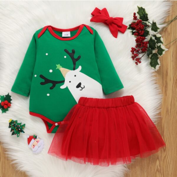 0-18M Baby Girl Sets Christmas Cartoon Moose Print Long Sleeve Bodysuit And Mesh Pleated Skirt And Headband Wholesale Baby Boutique Clothing KSV591358