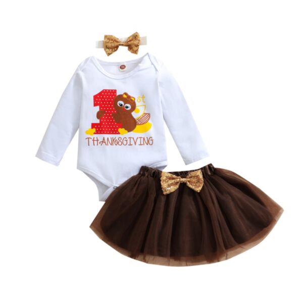 3-18M Baby Girl Sets Thanksgiving Letter Turkey Print Long Sleeve Bodysuit And Solid Color Bow Mesh Skirt And Headband Wholesale Baby Clothes Suppliers KSV591195
