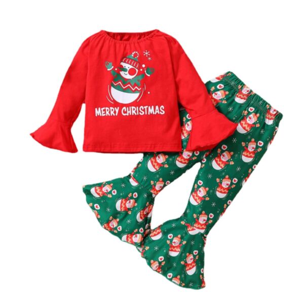 18M-6Y Toddler Girl Sets Christmas Cartoon Letters Snowman Print Plaid Long-Sleeved Top And Flared Pants Wholesale Little Girl Clothing KSV591370