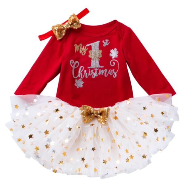 0-18M Baby Girl Sets Christmas Long Sleeve Letter Print Bodysuit And Star Bow Mesh Skirt Wholesale Baby Clothes Suppliers KSV591344