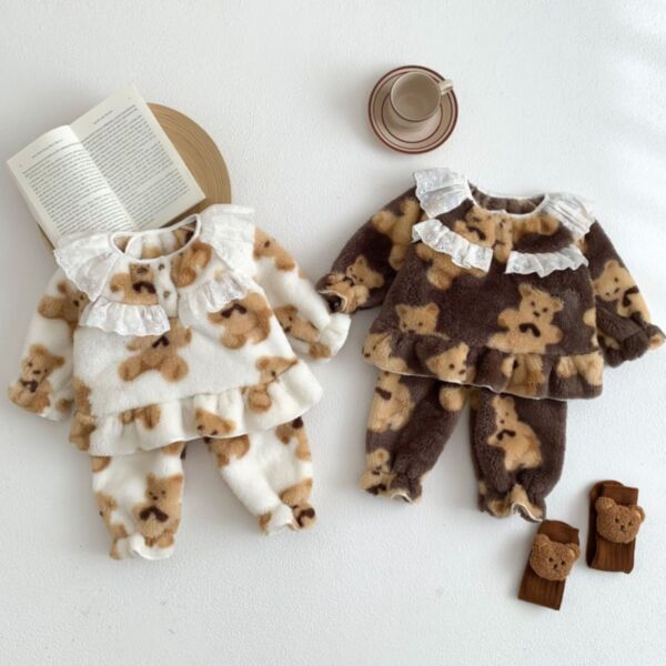 6M-3Y Baby Girls Home Wear Bear Thickened Fleece Two-Piece Sets Lace Pullover & Pants KSV387671