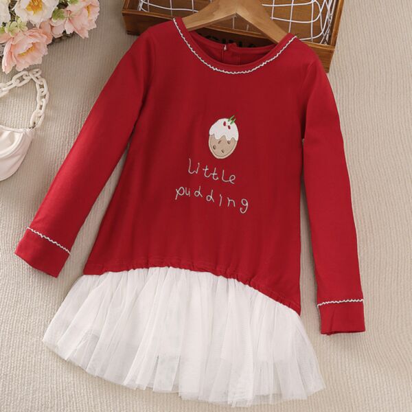 18M-6Y Red Letter Print Long Sleeve Mesh Skirt Dress Wholesale Kids Boutique Clothing KDV492379