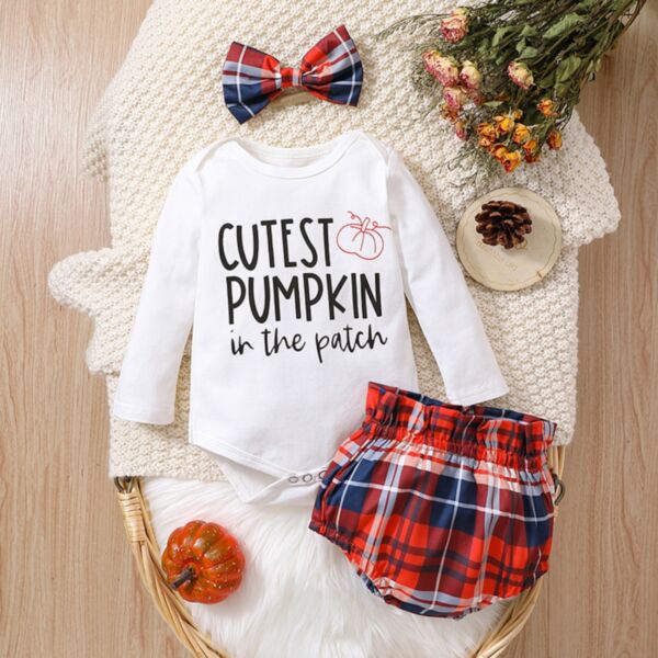 0-18M Letter Print White Long Sleeve Romper And Plaid Briefs Set Baby Wholesale Clothing KSV492330