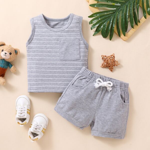 6M-3Y Striped Sleeveless Vest Tops And Shorts Set Two Pieces Baby Wholesale Clothing KSV492335