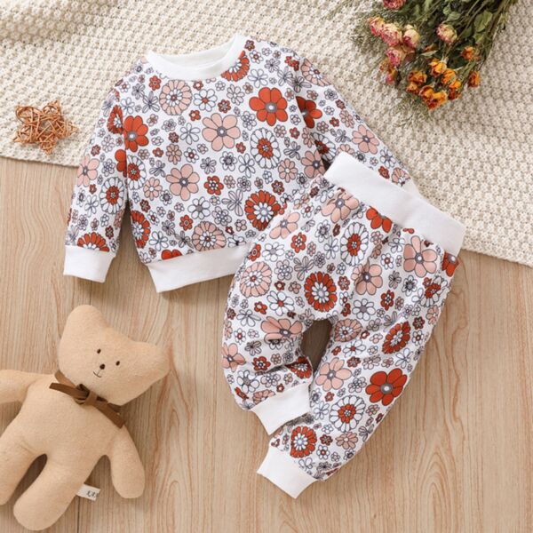 3-18M Flower Print Long Sleeve Rounder Neck Pullover And Pants Set Two Pieces Baby Wholesale Clothing KSV492334