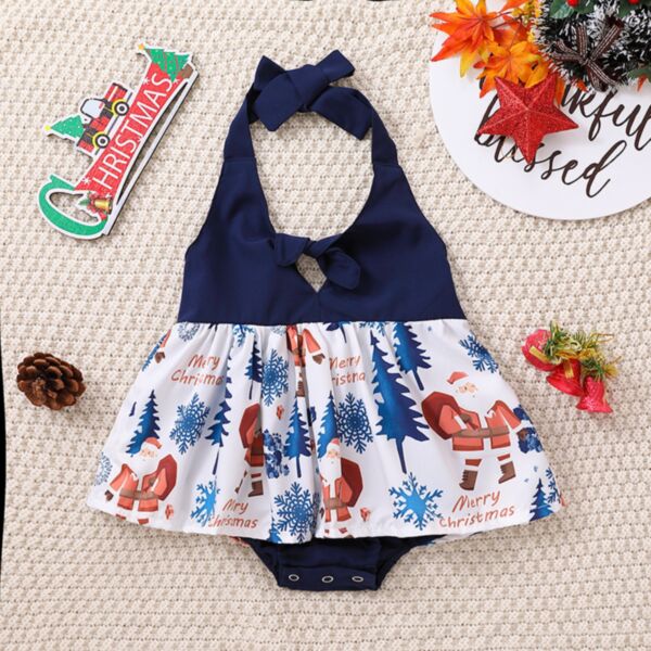 0-18M Christmas Tree Snow Santa Claus Print Deepblue Backless Dress Romper Onesies Baby Wholesale Clothing