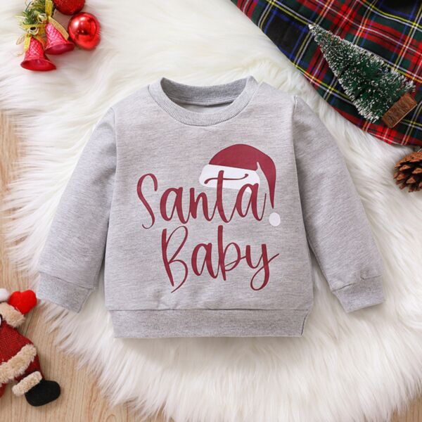 6M-3Y Christmas Hat Santa Print Gray Long Sleeve Pullover Tops Baby Wholesale Clothing KJV4923544