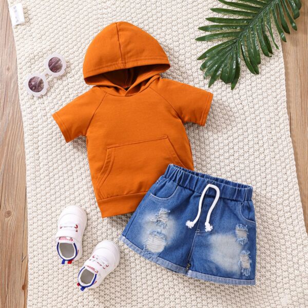 9M-4Y Solid Color Short Sleeve Hoodie With Hat And Shorts Jeans Set Two Pieces Wholesale Kids Boutique Clothing KSV492355