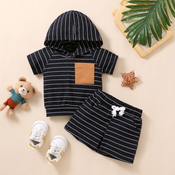 9M-4Y Striped Short Sleeve Hoodies With Hat And Shorts Set Two Pieces Wholesale Kids Boutique Clothing KSV492350