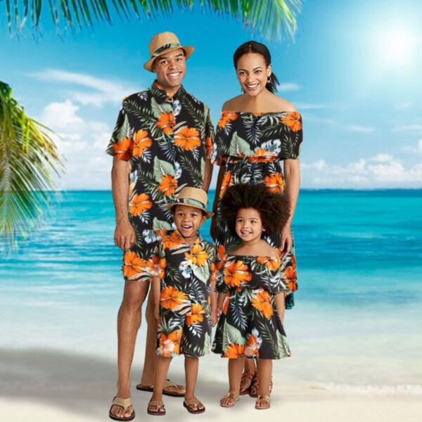 18M-9Y Family Look Hawaiian Style Flower Print Beach Short Sleeve Tops And Shorts Or Dress Wholesale Kids Boutique Clothing KDV492384