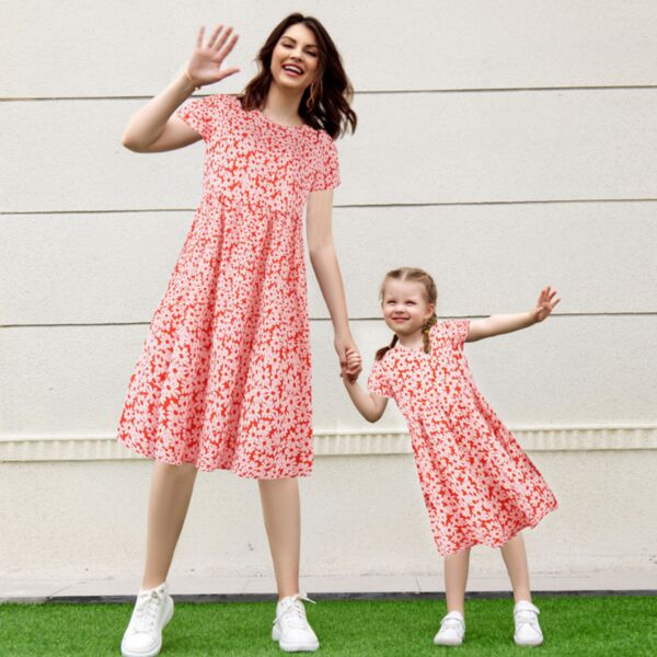 Mommy And Me Floral Solid Color Short Sleeve Loose Dress Baby Wholesale Clothing