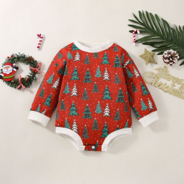 0-18M Christmas Tree Print Red Long Sleeve Round Neck Romper Onesies Baby Wholesale Clothing KJV492407