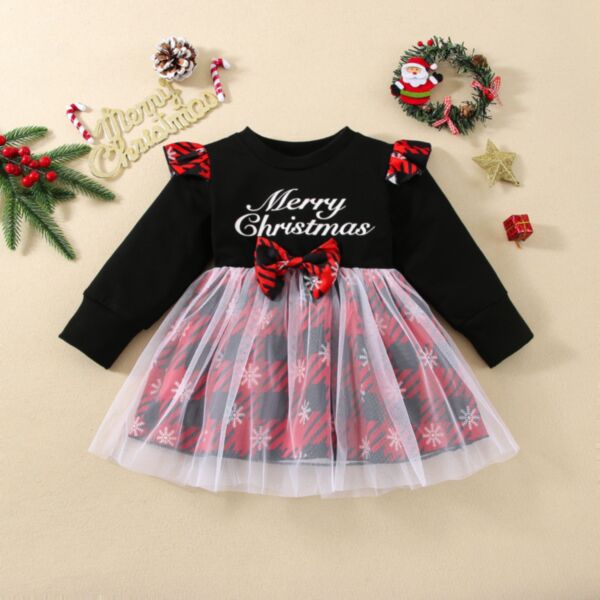9M-4Y Merrry Christmas Print Black Long Sleeve White Mesh Red And Black Skirt Dress Wholesale Kids Boutique Clothing KDV492406
