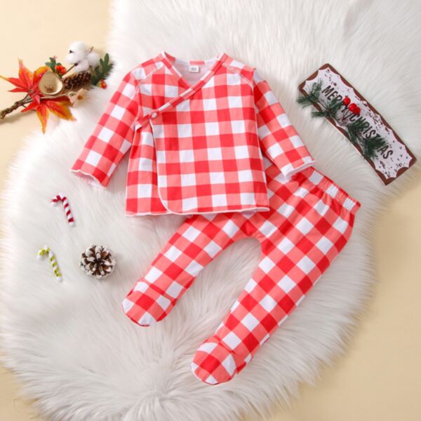 3-9M Red Plaid Print V-Neck Long Sleeve Pullover And Pants Set Two Pieces Baby Wholesale Clothing KSV492391