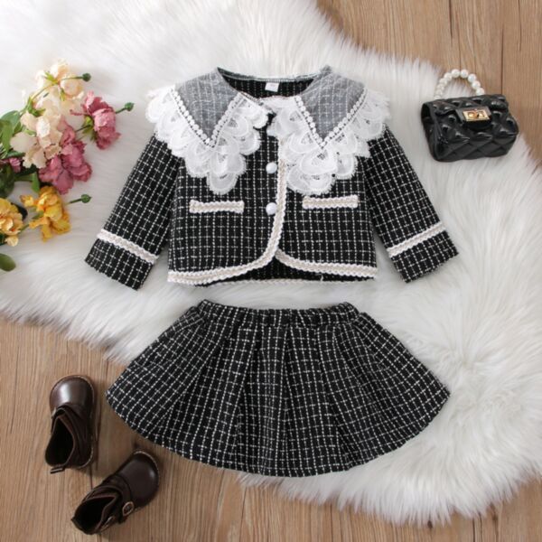 18M-6Y Black Plaid Lace Collar Pearl Button Coat And Skirt Set Wholesale Kids Boutique Clothing KKHQV492390 KKHQV492390