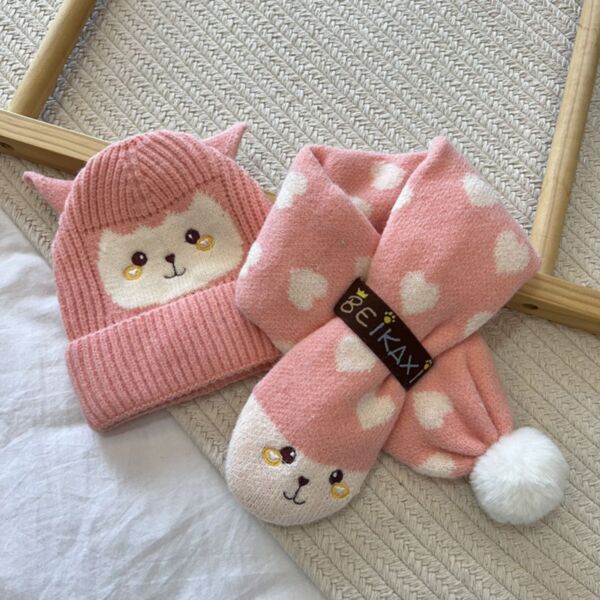 Wool Warm Cartoon Face Print Hat And Scarf Set Two Pieces Kid Wholesale Accessories KHV491571