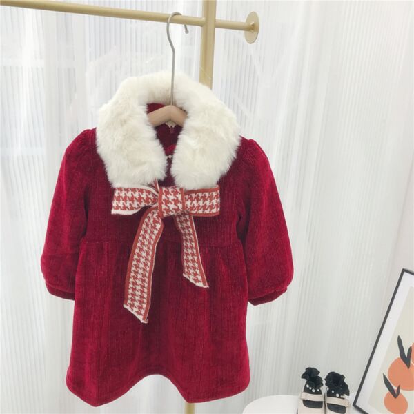 9M-6Y White Plush Collar Red Fleece Bubble Sleeve Dress Wholesale Kids Boutique Clothing