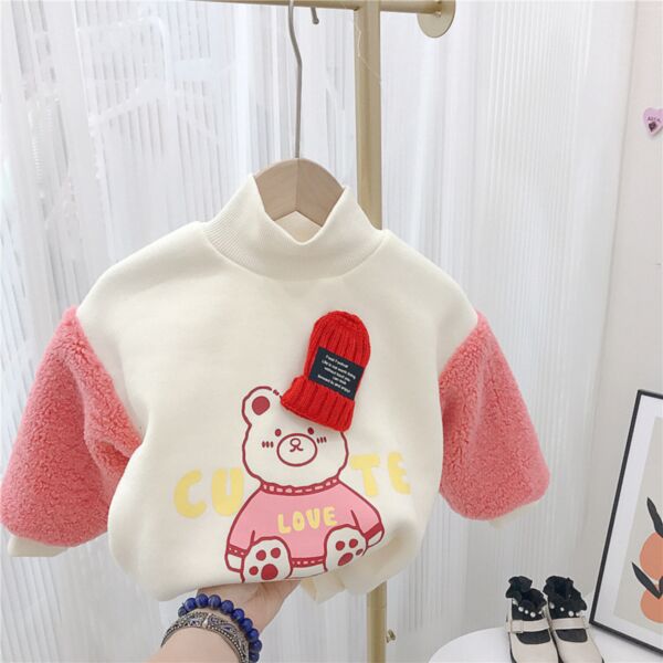 9M-6Y Bear Print Colorblock Fleece Sleeve High Collar Pullover Tops Wholesale Kids Boutique Clothing KKHQV492318