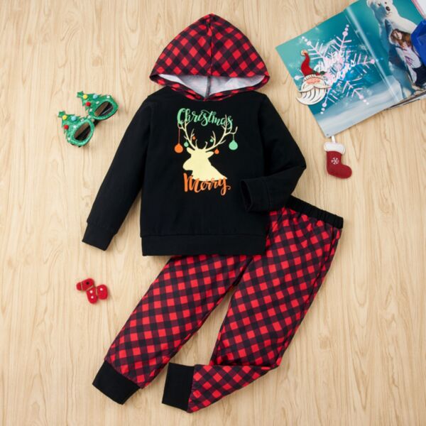18M-6Y Christmas Deer Print Black Hoodie And Red Plaid Pants Set Two Pieces Wholesale Kids Boutique Clothing KSV492414
