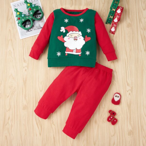 0-18M Christmas Santa Claus Cartoon Print Green And Red Pullover And Red Pants Set Two Pieces Baby Wholesale Clothing KSV492413
