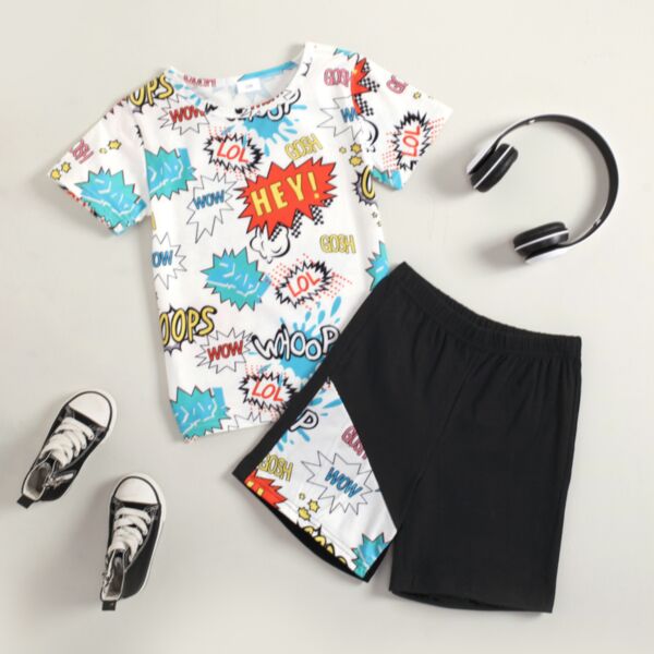 4-9Y Cartoon Letter Print Short Sleeve T-Shirt And Colorblock Black Shorts Set Wholesale Kids Boutique ClothingKSV492412
