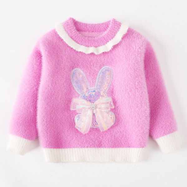 9M-6Y Bunny Bowknot Print Plush Fleece Colorblock Sweater Wholesale Kids Boutique Clothing KTV492427