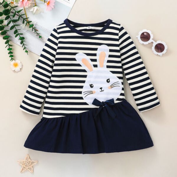 2-6Y Bunny Print Striped Long Sleeve Dress Wholesale Kids Boutique Clothing KDV492426