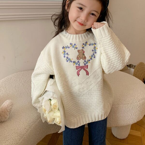 18M-6Y Toddler Girl Long-Sleeved Cartoon Bear Heart-Shaped Print Round Neck Top Wholesale Girls Clothes KTV591349
