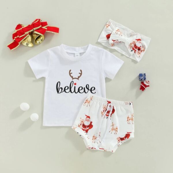 0-18M Christmas Letter Deer Print White T-Shirt And Santa Claus Cartoon Print Brief Set Baby Wholesale Clothing KSV492461