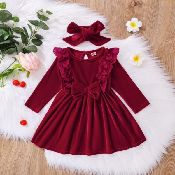 0-18M Solid Color Burgundy Lace Bowknot Dress Wholesale Kids Boutique Clothing KDV492455