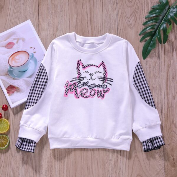 9M-4Y Cat Print White And Plaid Long Sleeve Pullover Tops Wholesale Kids Boutique Clothing KTV492448